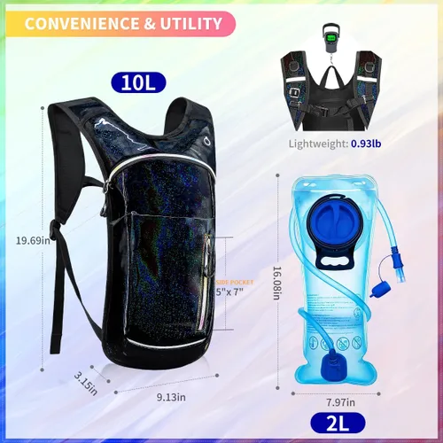 Miniatura 3 de Mochila de hidratación, mochila de agua con cámara de 2L, mochila de hidratación para raves, esencial para festivales, senderismo, ciclismo