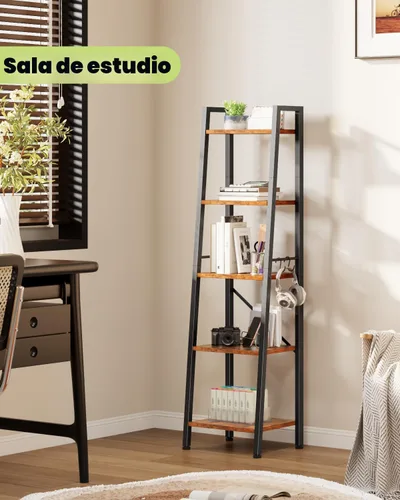 Miniatura 6 de Furologee Estantería de escalera de 5 niveles, estantería alta y estrecha con 2 ganchos, estante de esquina de baño marrón rústico, estante