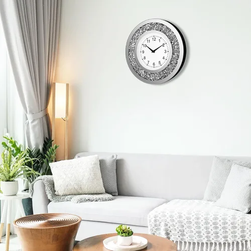 Miniatura 5 de Reloj de pared con espejo de diamante triturado de cristal de 14 pulgadas, reloj de pared brillante brillante plateado para sala de estar
