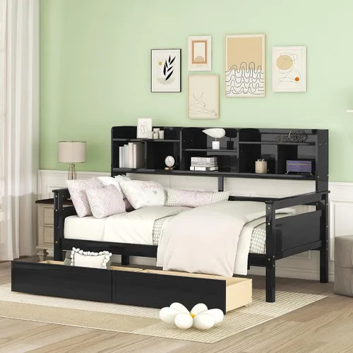 Miniatura 10 de Harper & Bright Designs Cama Capitán Tamaño Individual con Estanterías Integradas/3 Cajones de Almacenamiento/Cama Nido, Marco de Cama Diván