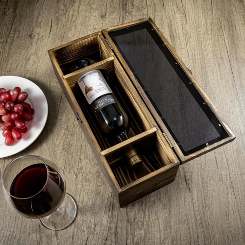 Miniatura 5 de MyGift Caja de regalo para botella de vino con ventana acrílica negra translúcida, exhibición decorativa para vino, estuche de almacenamiento