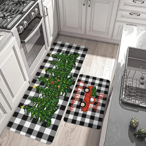 Miniatura 5 de Juego de 2 alfombras y tapetes de cocina de Feliz Navidad, a cuadros, pan de jengibre, chocolate caliente, Navidad, invierno, vacaciones, fregadero