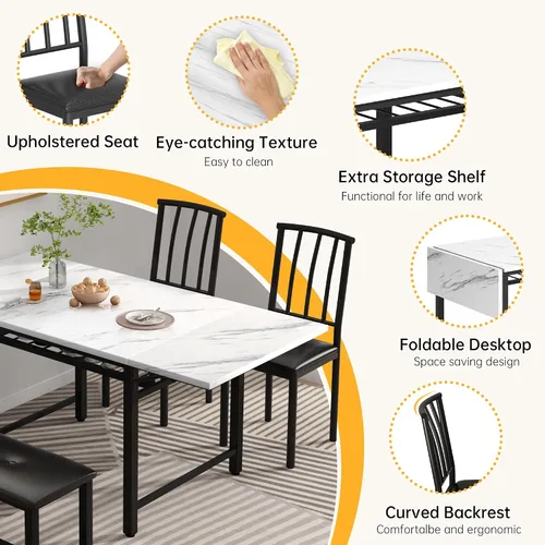 Miniatura 6 de AWQM Mesa de comedor de 4 piezas de mármol sintético con estante de almacenamiento, juego de mesa de rincón de desayuno que ahorra espacio con 2