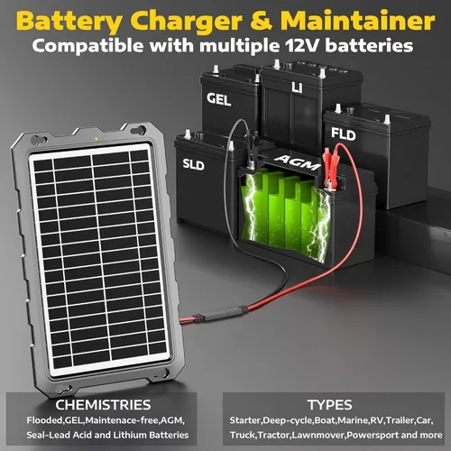 Miniatura 7 de SUNAPEX Carga de batería solar de 12 V: kit de panel solar portátil impermeable de 10 W - Cargador de batería de mantenimiento de batería