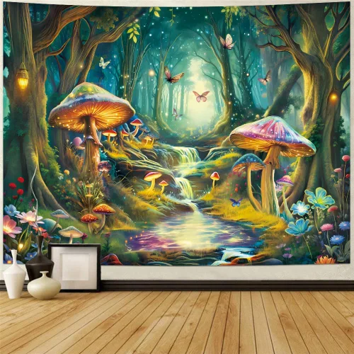 Miniatura 4 de Tapiz de Hongos con Luz Negra Reactivo a UV, Tapiz de Paisaje de Bosque Brumoso, Fantasía de Hadas en País de las Maravillas con Mariposas
