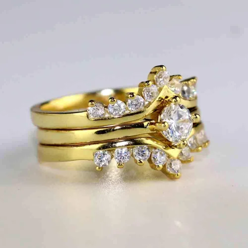 Miniatura 5 de Juego de 3 anillos de boda chapados en oro blanco para mujer, anillos de compromiso redondos de circonita azul