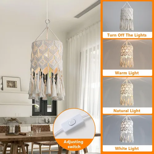 Miniatura 3 de Bioaqua Pantalla de Lámpara Colgante Boho, Luz Colgante de Macramé, Luminaria Boho Hecha a Mano con Cable de Enchufe para Hogar, Sala de Estar