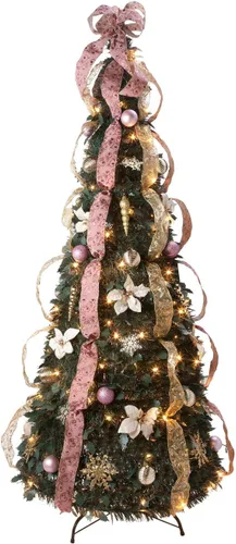 Holiday Peak - Árbol de Navidad de estilo victoriano de 6 pies, dorado y rosa rubor, preiluminado y totalmente decorado, se pliega para un fácil