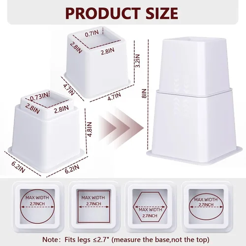 Miniatura 2 de Elevadores de cama resistentes: juego de 4 elevadores ajustables para muebles, alturas de elevación de 3, 5 y 8 pulgadas, soporta hasta 1,300 libras