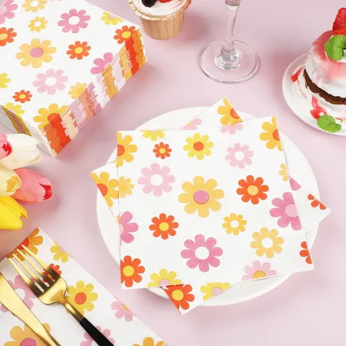 Miniatura 4 de 120 servilletas de papel con margaritas Groovy Daisy Boho Servilletas de cena desechables con flores decorativas para fiestas de baby shower