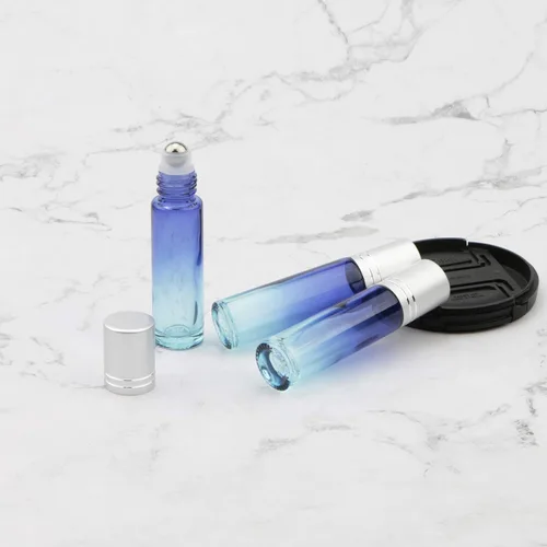 Miniatura 5 de Juego de 10 botellas enrollables de vidrio, 0.3 fl oz (1/3 onza), tarros de rodillo de gradiente azul con abridor de embudos, frascos de vidrio
