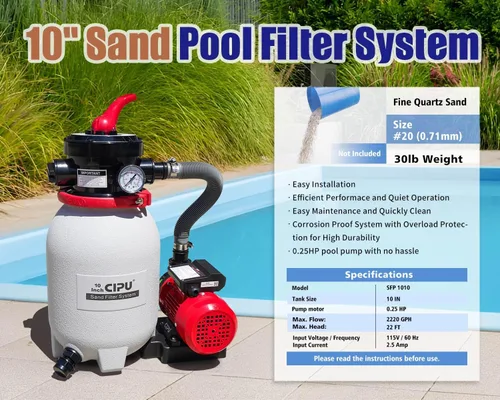 Miniatura 3 de CIPU Sistema de bomba de filtro de arena de 10 pulgadas, práctica válvula de 4 vías para piscinas sobre el suelo con bomba de piscina de 0.25 HP 115