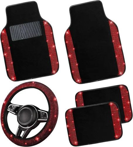 Miniatura 30 de NBTEPEM Juego completo de alfombrillas brillantes para piso de automóvil y funda para volante, ajuste universal para la mayoría de los automóviles