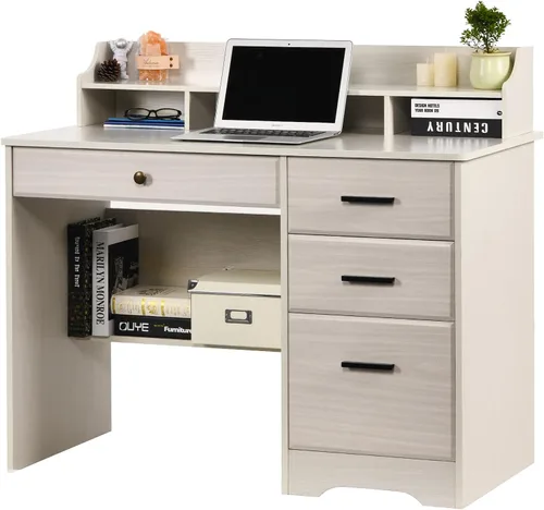 Miniatura 7 de Escritorio blanco para oficina en casa con 4 cajones y gabinete, mesa de computadora para dormitorio, blanco roto
