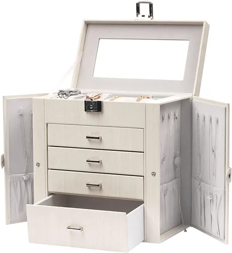 FEIYAN Joyero para mujer de 5 capas de cuero organizador de joyas con cajonesespejo caja de joyería blanca grande para collares anillos aretes