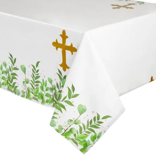 Miniatura 5 de Sparkle and Bash Manteles de bautismo, paquete de 3, 54 x 108 pulgadas, plástico dorado, decoración de mesa religiosa desechable para bautismo