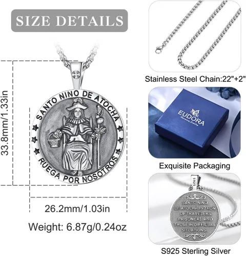 Miniatura 415 de EUDORA Collar de plata de ley 925, San Cristóbal y San Benito, San Miguel, Virgen María, San Judas Tadeo, Cruz de Buen Pastor y Arcángel, Medalla