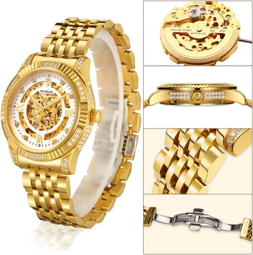 Miniatura 2 de BINLUN Reloj de pulsera para hombre, mecánico automático, reloj dorado con cuerda automática, elegante, chapado en oro de 18 quilates, relojes