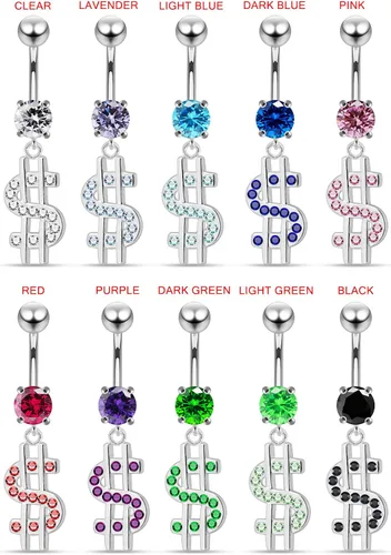 Miniatura 3 de Fancy US Dollar Sign Dangling 925plata esterlina con barriga de acero inoxidable Botón Ombligo Anillos