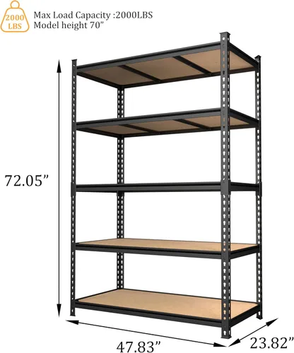 Miniatura 3 de BlueWish Estante de almacenamiento de garaje de 2000 libras, estantes ajustables resistentes de 24 x 48 x 72 pulgadas, estantes de utilidad con 5