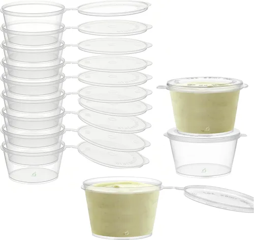 EcoQuality Vasos de porciones a prueba de fugas de 4.5 onzas con tapas, recipientes de plástico para soufflé de condimentos con tapa con bisagras