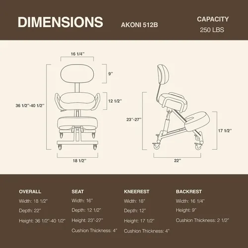 Miniatura 3 de AKONI 512B Silla ergonómica con respaldo, mejora la postura, cojines gruesos, ruedas de bloqueo para el hogar y la oficina, AKONI 512B (negro)