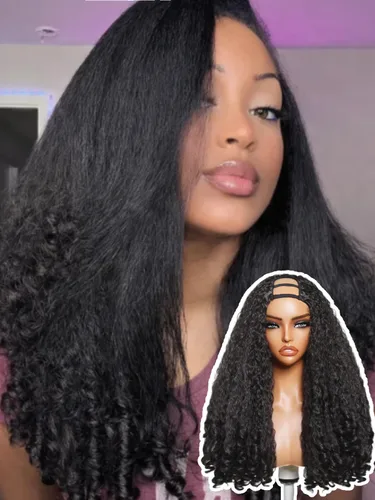 Miniatura 18 de YIROO Peluca de cabello humano rizado profundo, sin pegamento, con mezcla de fibra, cierre de encaje 4x4, densidad del 180 %, predepilada, afro