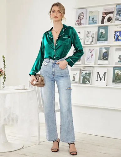 Miniatura 5 de Ekouaer Conjunto de pijama clásico de seda satinada con botones para mujer