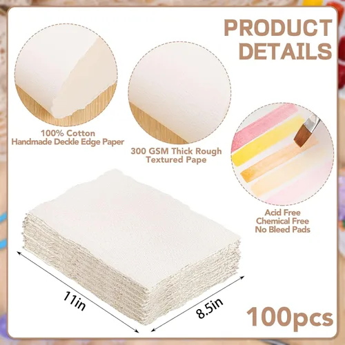 Miniatura 2 de 100 Hojas de Papel Acuarela 8.5 x 11, Papel de 300 g/m² con Borde Deshilachado Papel en Bruto/Texturizado Hecho a Mano para Acuarelas, Invitaciones