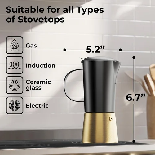 Miniatura 5 de Cafetera de acero inoxidable Moka Pot de 6 tazas (12 onzas líquidas), cafetera de estufa para inducción, estufas de gas y eléctricas, cafetera