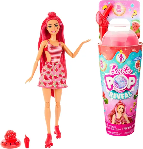 Miniatura 9 de Barbie Muñeca Pop Reveal y accesorios, aroma a ponche de fruta con cabello azul, 8 sorpresas incluyen slime, cambio de color y cachorro