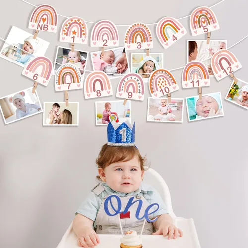 Miniatura 3 de Laumoi Cartel bohemio de 1er cumpleaños de arcoíris para fotos de bebé de recién nacido a 12 meses, pancarta de fotos de hitos mensuales bohemios