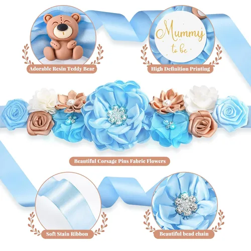 Miniatura 5 de Faja de maternidad floral para mamá, papá para ser ramillete, juego de alfileres de oso de peluche azul, banda para baby shower, cinturón de vientre