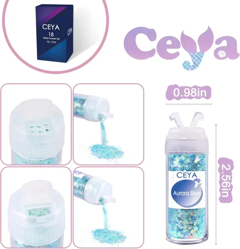 Miniatura 5 de Ceya Juego de purpurina que brilla en la oscuridad, 18 colores, 6.3 onzas/6.35 oz, mezcla de purpurina gruesa luminosa, copos de polvo fino