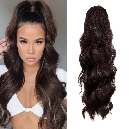 Miniatura 12 de KETHBE Extensión de pelo para cola de caballo de 24 pulgadas con onda corporal, sintética, resistente al calor, con cordón envolvente, rizada
