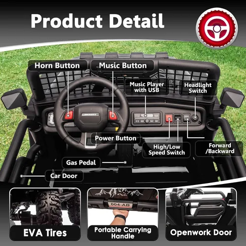 Miniatura 7 de Sopbost Camión de Montar de 24V 7Ah de 2 Asientos, Juguete de Montar para Niños Grandes, Coche de Montar con Control Remoto, Automóvil Eléctrico