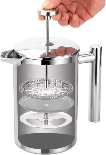 Miniatura 9 de Prensa francesa pequeña de acero inoxidable, 12 onzas de doble filtro para café, cafetera y máquina para servir individual, color plateado