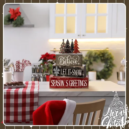Miniatura 5 de Moucuny 4 piezas de decoración de mesa de Navidad, centro de mesa de árbol de Navidad, decoración rústica de bloque de árbol, decoración de bandeja