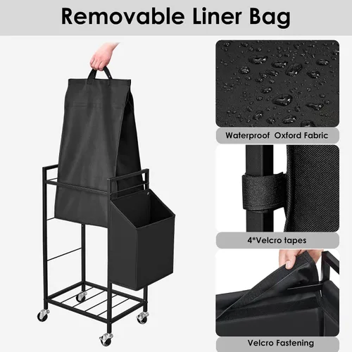 Miniatura 6 de Cesta de lavandería con tapa marrón rústico y ruedas; cesta grande de lavandería con ruedas de 96L con bolsa de forro Oxford extraíble; canasta alta
