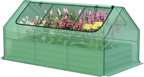 Miniatura 10 de Aoodor Kit de invernadero elevado de 4 pies x 2 pies x 1 pie con cama metálica elevada con 2 puertas enrollables con cremallera, para verduras, Verde
