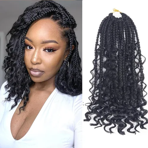 Miniatura 97 de Goddess Box Braids - Trenzas de cabello a ganchillo con extremos rizados, trenzas de caja bohemianas de 16 pulgadas, trenzas de ganchillo, 8 1B-4-30
