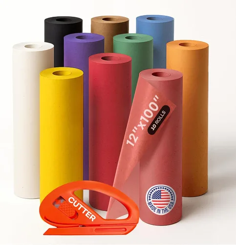Papel kraft de varios colores con cortador, juego de 10 rollos de 12 x 1200 pulgadas (100 pies), papel de construcción natural multicolor hecho en