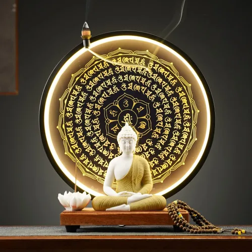 Miniatura 7 de Houlu Lámpara de mesa LED con estatua de Buda azul y círculo, estatua de Buda de cerámica para decoración del hogar
