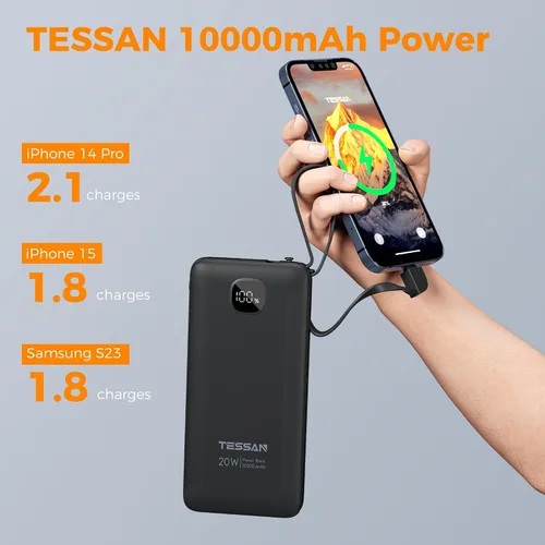 Miniatura 4 de TESSAN Cargador portátil con cables incorporados, banco de energía de 10000 mAh de carga rápida con enchufe AC plegable, batería compacta de 20W
