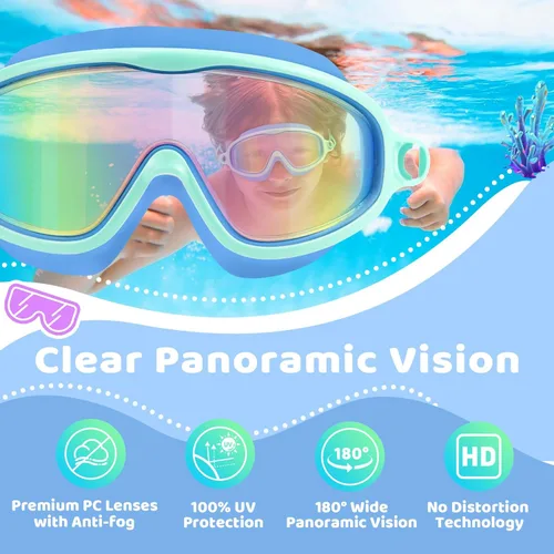 Miniatura 3 de Vvinca Gafas de natación para niños con correa elástica amplia visión anti niebla UV máscara de piscina gafas para 3-10 niños pequeños niñas niños