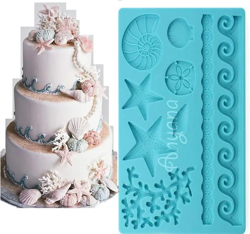 Sea Shell Silicona Fondant Molds Beach Theme Cake Decorating | Starfish, Coral, Conch, Sea Wave Designs, Food Grade Platinum Silicone, For