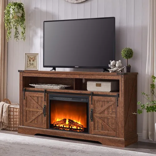 Miniatura 8 de OKD Soporte de TV con chimenea para TV de más de 65 pulgadas, centro de entretenimiento Highboy Farmhouse de 33 pulgadas de alto con chimenea