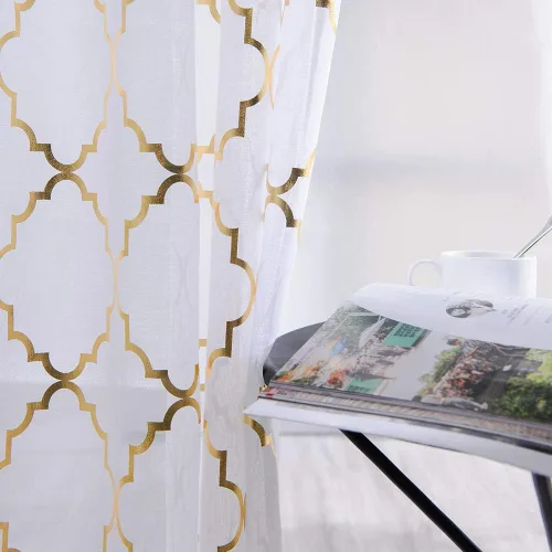 Miniatura 2 de YJ YANJUN Cortinas traslúcidas de 63 pulgadas de largo, cortinas de gasa metálicas doradas y blancas para dormitorio, diseño moderno marroquí