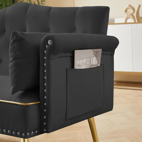 Miniatura 5 de hansones Sofá biplaza moderno de terciopelo de 55 pulgadas con patas de metal dorado y bolsillos laterales, respaldo copetudo, perfecto para sala