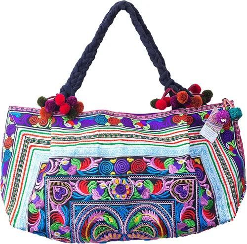 Changnoi Bolso de mano hecho a mano bolso de playa bordado de Hmong Tribes para mujeres
